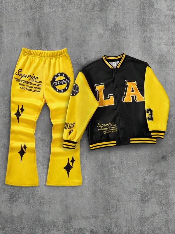 Bolty 2pcs Kids/Tween Boys Casual Everyday Versatile Comfortable Letter Print Pattern Baseball Collar Cardigan Long Sleeve Jacket And Straight Loose Fit Knit Pants Set Boys 2 Piece Outfit Set Boys Yellow Outfit Set Boys Los Angeles Outfit Boys Sweatsuit Set Boys Jersey Set 14 Years Boy 2 Piece Set Boys Outfit Sets Yellow Yellow Two Piece Set Boys Boys Two Piece Set Fall Winter