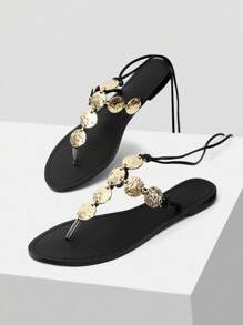 MOTF PREMIUM PU LEATHER ROPE DETAIL FLAT SANDALS, BEACH & VACATION - Black - View 5