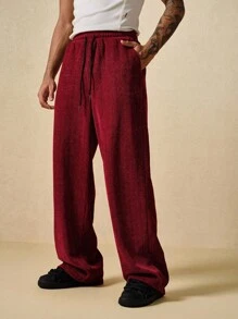 ROMWE MEN Pantalones de chándal brillantes de punto con cordón, de moda casual y versátiles para hombres - Burdeos - Ver 1