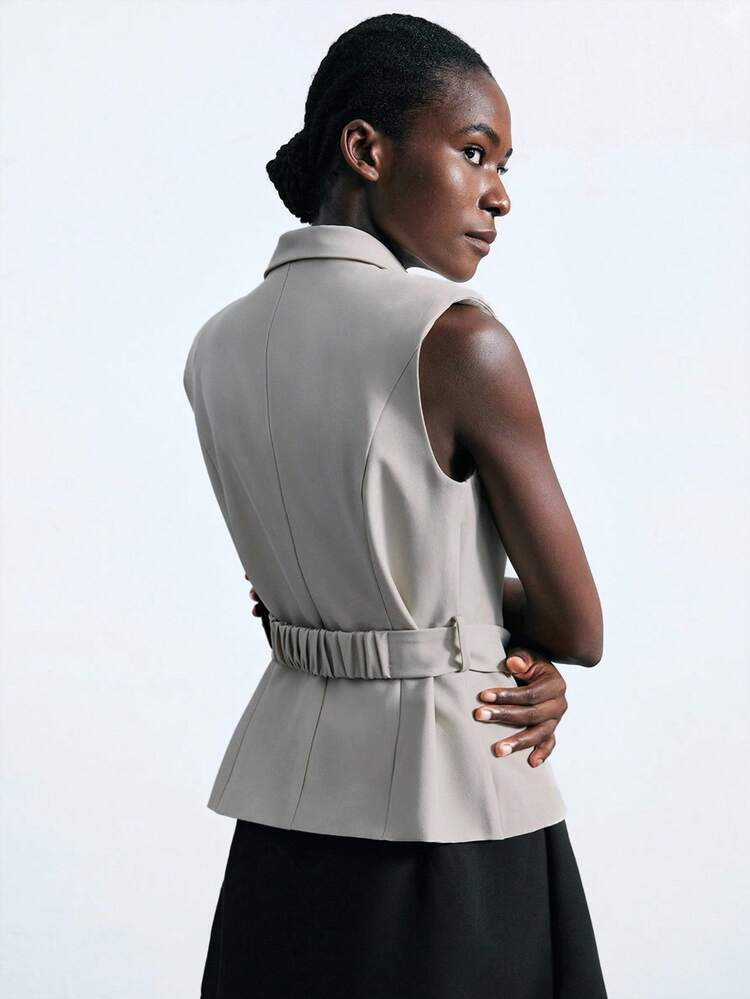 SHEIN Maija 2025 Metal Buckle Design Lapel Fitted Wide Shoulder Women Vest Sleeveless Blazer Women Vest Women Sleeveless S For Women In Fall/Winter