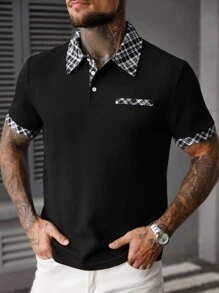 Manfinity CasualCool 男士休闲格子拼布 Polo 衫，时尚男士黑色短袖 Polo 衫，纽扣前襟，常规版型运动外观，经典黑色涤纶 Polo 衫，格子领和短袖，男士黑色 Polo 衫，格子领细节，常规版型短袖运动格子点缀黑色 Polo 衫，老钱风格 - 黑色 - 查看 5