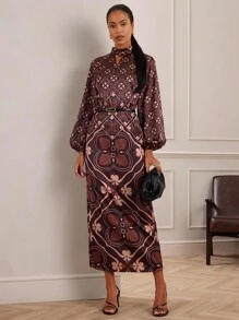 Lilora Women's Elegant Dark Brown Printed Patchwork Lantern Sleeve Maxi Dress,Autumn Commuter Long Sleeve Fall Dresses For Dining - Multicolor - View 3