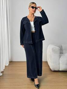 SHEIN PETITE CURVE 加大码女式休闲拼色外缝衬衫和裤子套装，秋季两件套小码裤装女式两件套裤子套装小码曲线两件套曲线小码服装套装加大码小码两件套 - 藏蓝色 - 查看 4