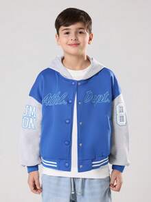 SUMWON Varsity Athletic Limited Edition Tween Boys Jacket Blue Grey Contrast Sleeves Autumn Winter Letter Print College Style Casual Everyday Outerwear With Hood - Blue - View 1