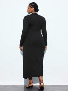 Maija 大码女式黑色不对称设计金属装饰百搭现代都市休闲时尚连衣裙，适合节日、派对，优雅都市时尚休闲，黑色缎面蝴蝶结肩带结构休闲商务装，低调复古氛围高端都市通勤风格，杂志编辑同款都市社交节日派对装，迷人低调基本百搭连衣裙，休闲咖啡厅街头长款超长连衣裙 - 黑色 - 查看 3