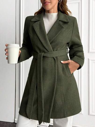 EURMUSE Dames, Herfst, Winter, Normale lengte, Lange mouw, Kaki riem, Zak, Casual