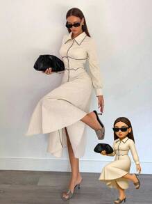 Siren Gaze Women's Casual Commuter Color Block Trim Front Button Long Dress, Fall Women Clothes,Back To School,Country Concert Outfit , Business Casual Woman, Teacher Outfits For Women,Date Night Outfits Women ,Birthday Outfit ,Brunch Outfits For Women,Western Women Wear ,Business Casual Woman ,,Fall Dresses For Women Winter Elegant Evening Dress