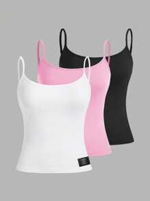 SHEIN EZwear 女士休闲吊带背心三件套，刺绣图案，黑色、白色、粉色，夏季百搭紧身款上衣 - 彩色 - 查看 11