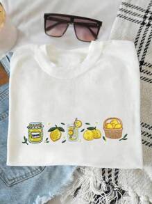 INAWLY 刺绣柠檬印花夏季T恤，美食爱好者礼品衬衫，送给她的可爱礼物，女士时尚水果图案T恤，刺绣夏季氛围衬衫