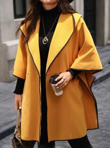 EMERY ROSE Plus Size Autumn/Winter Fashion Color Block Trim Hooded Overcoat, Casual Minimalist Style For Everyday Wear,Going Out, Suitable For Autumn And Winter Fall - Yellow - View 5