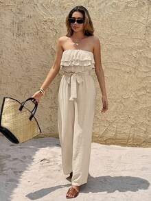 SHEIN Frenchy 女士度假休闲纯色荷叶边抹胸连体裤 - 杏色 - 查看 3