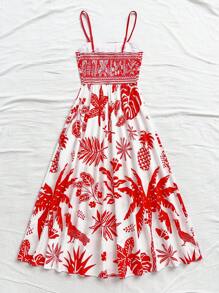 Soleia 女士蓝白热带鸟、棕榈树、花卉印花腰部收腰 A 字中长连衣裙，度假风格