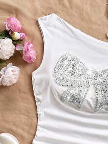 Soleia Women's Sequin Bowknot Ruched Shoulder Fashionable Blouse  Party , White Tank Top, Sequin Bow Top, Casual Tops Women Summer Sequin Party  Casual Blouses For Women White Top Casual Blouses For Women Holiday Vacation - White - View 3