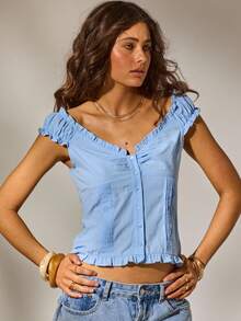 Aralina 秋冬 Y2K 斯德哥尔摩风格纽扣荷叶边办公室衬衫可爱外出上衣 - 藍色 - 查看 3