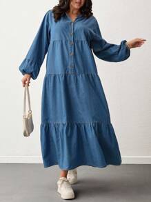 EURMUSE Vestido con detalles de volantes y botones delanteros para tallas grandes - Azul - Ver 4