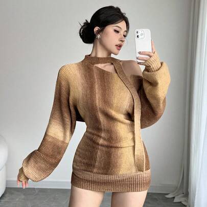 가을/겨울 타이다이 옹브레 니트 스웨터, 비스듬한 어깨 홀로우 아웃 아웃 끈 타이 넥 풀오버 스웨터 여성용, 가을 여성 의류