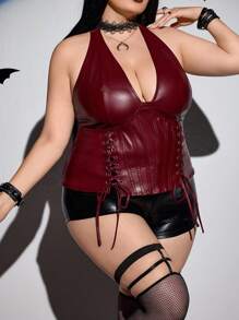 SHEIN CURVE+ 大码女式勃艮第酒红色简约 PU 皮革吊带装饰系带背心，Y2K 休闲勃艮第酒红色 V 领上衣，万圣节/秋冬假日 - 酒紅色 - 查看 6