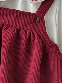 SHEIN 1pc Girls' French Retro Cherry Embroidery Pinafore Dress + Long Sleeve Shirt Underlay, Suitable For Daily Wear And Photography, Autumn Burgundy Dress For Baby Girl Baby Girl Christmas Outfit Cherry Toddler Outfit Corduroy Jumper Dress Baby Girl Toddler Corduroy Dress - Red - View 6