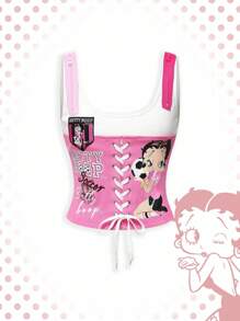 Betty Boop | ROMWE Top de tirantes con cordones al frente y gráfico de figura para mujer, estilo Y2K - Rosa - Ver 1