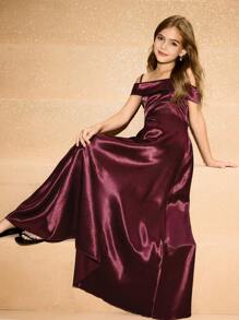 Tween Girl Elegant Minimalist Fashion Off Shoulder High Waist Cinched Waist Long Solid Satin Fabric Formal Dress, Suitable For Graduation, Party, Christmas, Wedding, Halloween, All Seasons Fall Winter - Burgundy - View 7