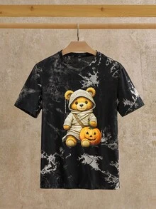 Manfinity NXTstreet 男士休闲针织 T 恤，扎染小熊图案印花，修身圆领短袖 T 恤万圣节泰迪熊衬衫万圣节图案 T 恤男士万圣节 T 恤泰迪熊图案 T 恤扎染万圣节衬衫 - 黑色 - 查看 3