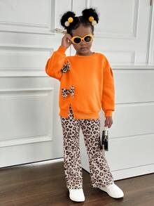 SHEIN Bộ 2 áo len cổ tròn in họa tiết da báo 3D màu trơn và quần len in họa tiết da báo cho bé gái - trái cam - Xem 3