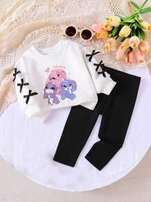 SHEIN Playful Pals 2件組女嬰可愛黑白服裝套裝，秋季卡通兔子印花運動衫搭配鬆緊腰打底褲，趣味親子街頭風，6M-3Y - 黑與白 - 查看 8