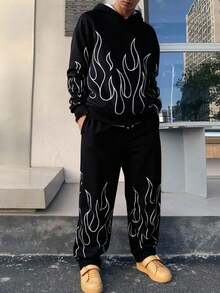 SHEIN 2件套青少年男童休闲舒适百搭火焰印花连帽衫和运动裤套装 - 黑色 - 查看 3