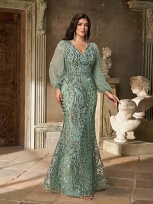 Aureia Đầm dạ hội cỡ lớn dành cho mùa thu đông, thanh lịch, lộng lẫy, màu xanh lá cây, thêu sequin, cổ chữ V, đính cườm, tay phồng, dáng ôm, đuôi cá, thích hợp cho bữa tối, tiệc độc thân, hẹn hò, khiêu vũ, lễ hội, đám cưới, sự kiện (kiểu dáng cầu kỳ), ngày Valentine. - màu xanh lá - Xem 6