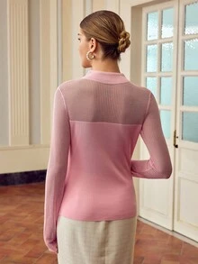 ZEYLAH Women's Solid Color Button Design Hollow Long Sleeve Elegant Sweater Fall /Winter Clothes - Pink - View 3