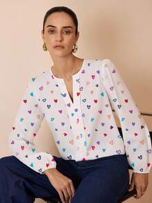 Glamance Maria Clara Maia Women's Casual Simple Long Sleeve Shirt, Elegant For Commuting, Suitable For Autumn/Winter Heart Blouse Long Sleeve Blouse Heart Shirt Women Heart Print Blouse Cute Heart Shirt Women Heart Top Long Sleeve Heart Blouse - Multicolor - View 4