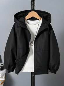 Tween Boy 休闲运动时尚连帽夹克，梭织面料，松紧袖口，前片拼接，宽松版型，舒适，适合春季、秋季、日常穿着、户外、聚会、拍照 - 黑色 - 查看 1