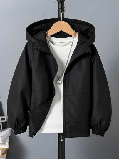 Tween Boy 休闲运动时尚连帽夹克，梭织面料，松紧袖口，前片拼接，宽松版型，舒适，适合春季、秋季、日常穿着、户外、聚会、拍照