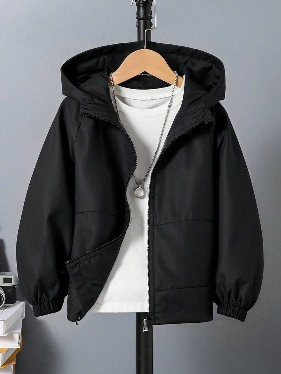 Tween Boy 休闲运动时尚连帽夹克，梭织面料，松紧袖口，前片拼接，宽松版型，舒适，适合春季、秋季、日常穿着、户外、聚会、拍照 - 黑色 - 查看 1