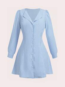 Sweetra Abito casual da donna con scollo a V, maniche lunghe, vita incavardata, a righe, linea ad A, adatto per feste, taglie comode - Blu - Visualizzare 1