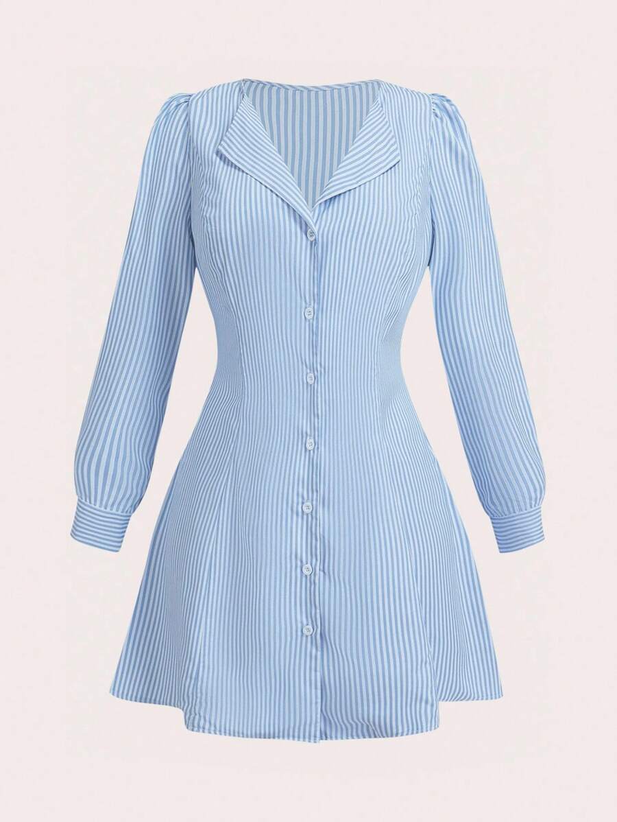 Sweetra Abito casual da donna con scollo a V, maniche lunghe, vita incavardata, a righe, linea ad A, adatto per feste, taglie comode - Blu - Visualizzare 1