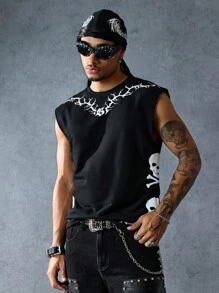 ROMWE MEN Goth 男士骷髅印花休闲宽松无袖背心，2000 年代风格 - 黑色 - 查看 4