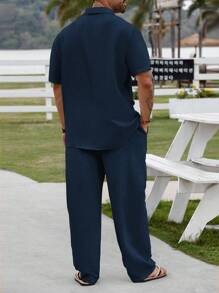 Manfinity RSRT Plus Size Men's Casual Solid Color Short Sleeve Shirt And Pants Set, Summer - Royal Blue - View 2