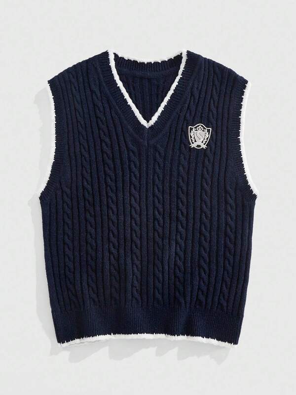 ROMWE MEN Prep Men's College Style Cable Knit Embroidered Detail Sweater Vest