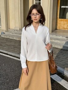 SHEIN Teen Girl Elegant Loose Fit V-Neck Long Sleeve White Blouse, Suitable For Commuting And Daily Wear - White - View 6