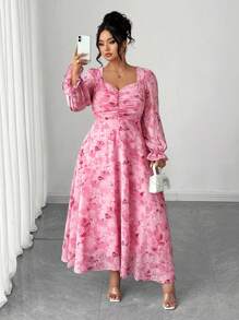 Elenzga Plus Size Women's Elegant Square Neck Ditsy Floral Waist Cinched A-Line Long Sleeve Dress Fall Cloth For Women - Pink - View 5