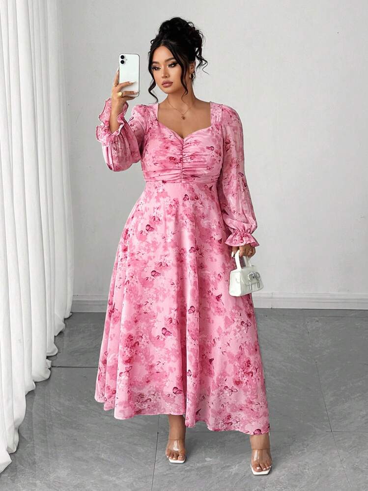 Elenzga Plus Size Women's Elegant Square Neck Ditsy Floral Waist Cinched A-Line Long Sleeve Dress Fall Cloth For Women - Pink - View 5
