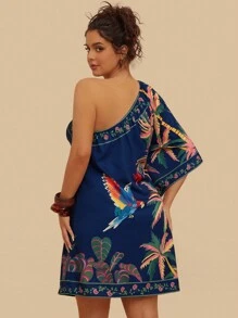 Travachic Váy ngắn in họa tiết cây nhiệt đới vai lệch cỡ lớn, màu xanh navy, phù hợp cho mùa hè và mùa thu - Màu xanh hải quân - Xem 2