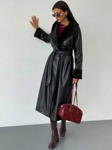 Aloruh Veste de mode régulière en PU à manches longues avec col  patchwork pour l'automne/l'hiver pour femmes - Noir - Voir 5