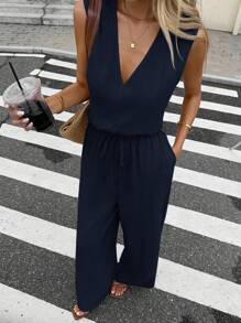 Serisse 女式纯色V领系腰阔腿休闲无袖连体裤 - 藏蓝色 - 查看 3