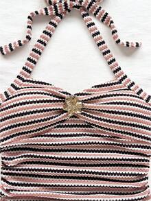 Soleia Vacation Halter Tie V-Neck Floral Metal Buckle White Knit Textured Fitted Tank Top, Suitable For Vacation, Music Festival, Bohemian, Holiday, Date, Afternoon Tea Striped Swimsuits Top Knitted Bathing Suit Top Bathing Suits Top Striped Tube Top Crochet Swimsuit Top,Party