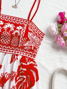 Soleia 女士蓝白热带鸟、棕榈树、花卉印花腰部收腰 A 字中长连衣裙，度假风格