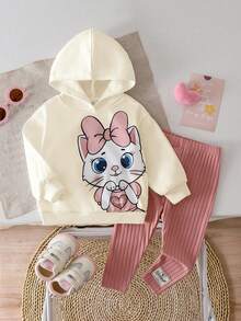 女婴可爱卡通图案连帽卫衣和松紧腰裤套装，秋冬秋季服装 - 彩色 - 查看 7