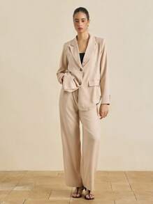 Airaco Women's Solid Color Front Button Closure Long Sleeve Blazer Jacket And Pants Elegant Suit Set Fall Cloth For Women