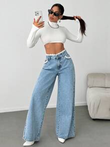 EURMUSE WOMEN DENIM WIDE LEG MID WAIST LACE BELT DETAIL JEANS - Light Wash - View 3